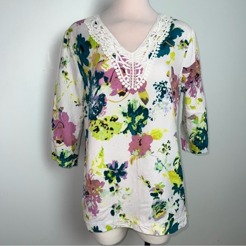 Premise Floral Crochet Lace V-Neck Blouse Women’s Large White Multicolor Boho
